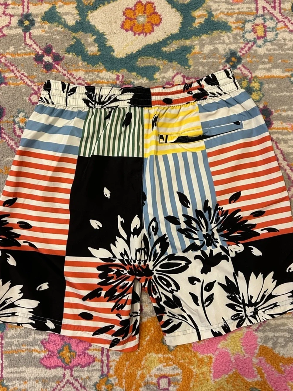 Burberry Floral Plaid Patchwork Printed Multicolor Stripe Swim Trunk Size Medium